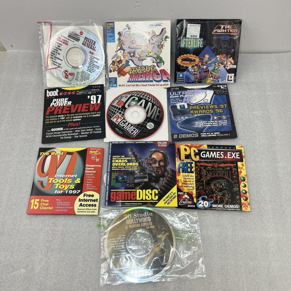 10 Vtg 90s Demos PC Gamer Disc Retro LucasArts TIE Fighter Windows 95 Software